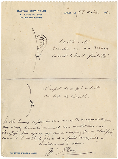 A doctor’s sketch showing where the ear was cut was rediscovered by a curious researcher and a persistent reference staffer at Bancroft.